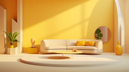 An isolated modern interior design with a light yellow backdrop, geometric shapes, and a hint of warmth