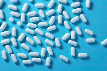 Medical packaging of pills on a blue background, a cure for the disease