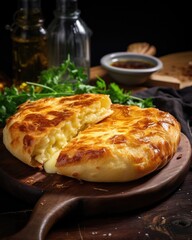 A goldenbrown khachapuri adjaruli, a boatshaped bread filled with molten cheese and topped with a generous pat of er, creating a luscious and indulgent dish that is perfect for cheese lovers.