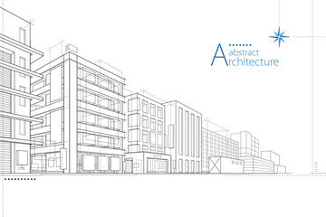 Fototapeta premium 3D illustration, abstract modern urban landscape line drawing, imaginative architecture building construction perspective design.