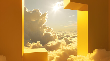 Interactive artwork with clouds flying over a yellow door_Generative AI
