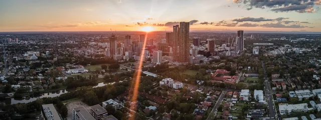 Foto op Aluminium Panoramic aerial drone view of Parramatta cbd in Sydney, NSW Australia during a late afternoon sunset in December 2023 © Steve