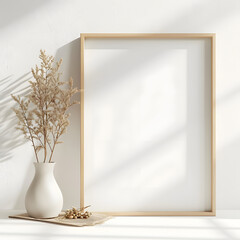 Portrait blank white picture frame standing on the floor, plant decoration and sunlight on white background, for mockup, copy space concept.