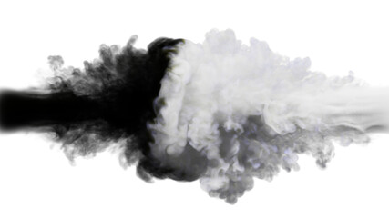 Puffs of black and grey smoke collide against a white background. 3d illustration. 