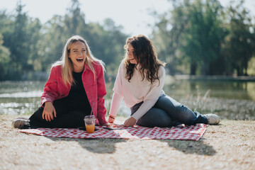 Young friends sit and talk in a park, enjoying a carefree, relaxed afternoon in nature. Playful and...