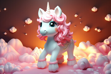 3d cute cartoon glowing unicorn, nature background