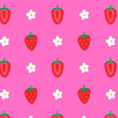 Fototapeta na wymiar Strawberries seamless pattern vector background. Cute cartoon flat style strawberries and flowers on pink background.