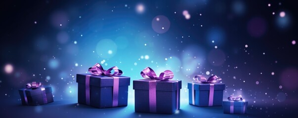 Some stylish purple gift boxes with violet ribbon bow on dark blue background with lights and...