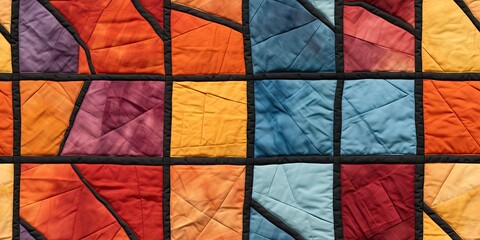 Multicolored Geometric Quilt Pattern with Textured Fabric and Black Stitching Lines