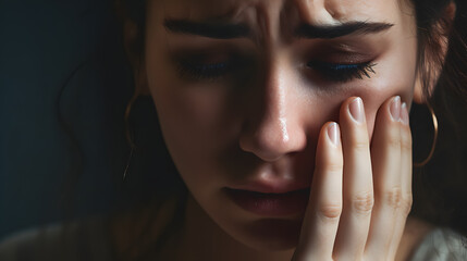 Woman sad and crying with tears in her eyes due to distress - concept of family violence, sadness, stress, etc. - obrazy, fototapety, plakaty
