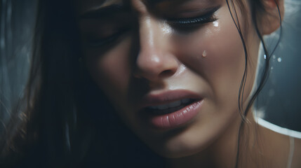 Woman sad and crying with tears in her eyes due to distress - concept of family violence, sadness,...