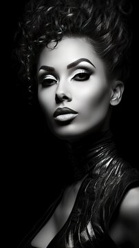 Black and white photo of a young black African woman, in professional makeup, transcendent, high contrast, white background, beautiful facial sculpt, beautiful bone structure with generative ai
