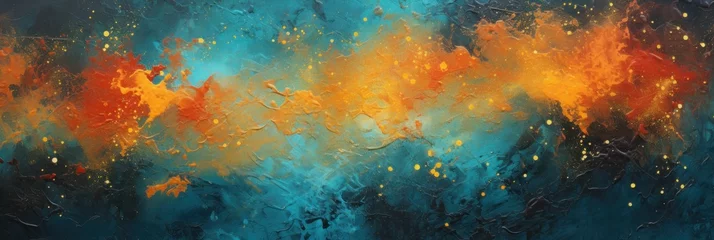 Zelfklevend Fotobehang colorful paint splatter on a dark dark background, generative AI © VALUEINVESTOR