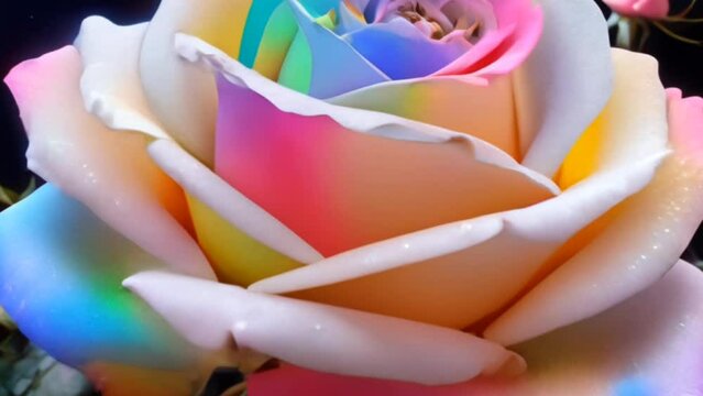 The white and rainbow colorful neon lights glowing&nbsp; rose in the space video, high quality resolution, beautiful flowers, 3d&nbsp; design. 
