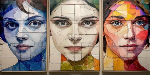 Triptych of geometric cubist women portraits in mural art - obrazy, fototapety, plakaty