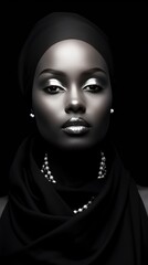 Black and white photo of a young black African woman, in professional makeup, transcendent, high contrast, white background, beautiful facial sculpt, beautiful bone structure with generative ai