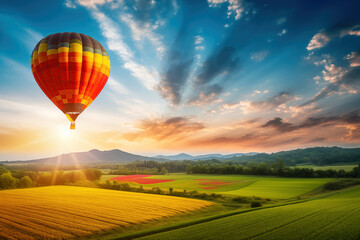 Fototapeta premium Colorful hot air balloon over blooming field meadow at sunset