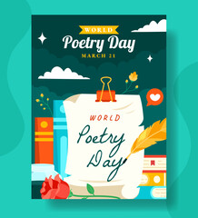 Poetry Day Vertical Poster Flat Cartoon Hand Drawn Templates Background Illustration - obrazy, fototapety, plakaty