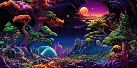 Fototapeta na wymiar Fantasy Alien Landscape with Vibrant Flora and Celestial Bodies