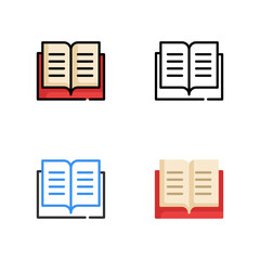 open book icon in four different styles for education, library, literacy and education.