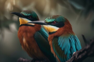 Two bee-eaters sitting side-by-side on a tree limb in extreme close-up. Generative AI