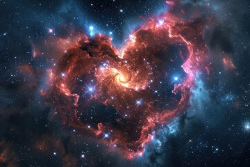 Swirling heart-shaped galaxy with stars and nebulae in deep space, symbolizing cosmic love. - obrazy, fototapety, plakaty