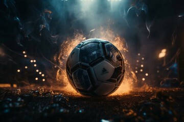 Fußball im Tornetz auf Fußballrasen mit Flutlicht, generative AI - obrazy, fototapety, plakaty