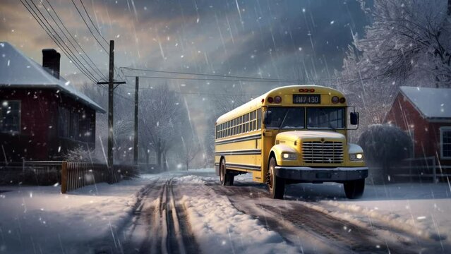 school bus covered in snow during winter, loop video background animation, cartoon anime style, for vtuber / streamer backdrop