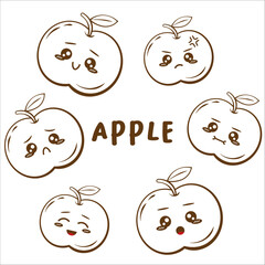 Cute Set Character of Apple Fruit Line 