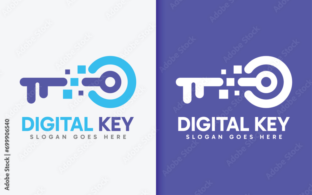 Poster Abstract Minimalist Key Logo Design Combined with Digital Tech Element Concept. Vector Logo Illustration.