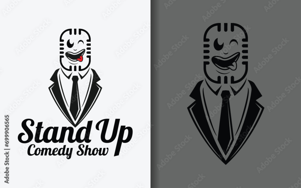 Poster stand up comedy logo design with funny microphone character design.