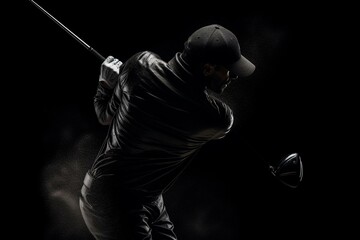 Golfer in a black silhouette swinging a golf club. Generative AI - obrazy, fototapety, plakaty