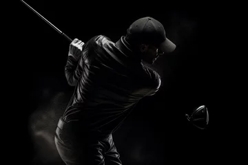  Golfer in a black silhouette swinging a golf club. Generative AI © Noah