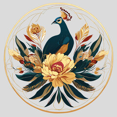 Regal Peacock Majesty - Opulent Bird and Floral Ornamentation for Luxurious Textile Designs