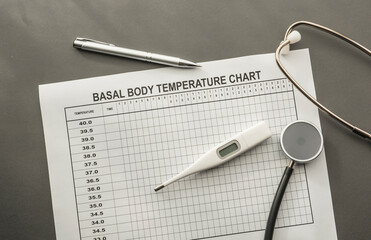 basal body temperature chart on the desk. thermometer, pen and stethoscope on the table