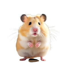 A golden hamster dropping a sunflower seed in surprise, on white or transparent background.