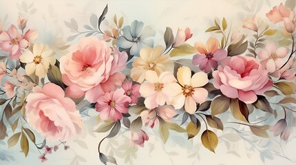 Flowers wallpaper, floral art design background with flowers bunch in watercolor style or artist vintage paint picture and botanical print - obrazy, fototapety, plakaty