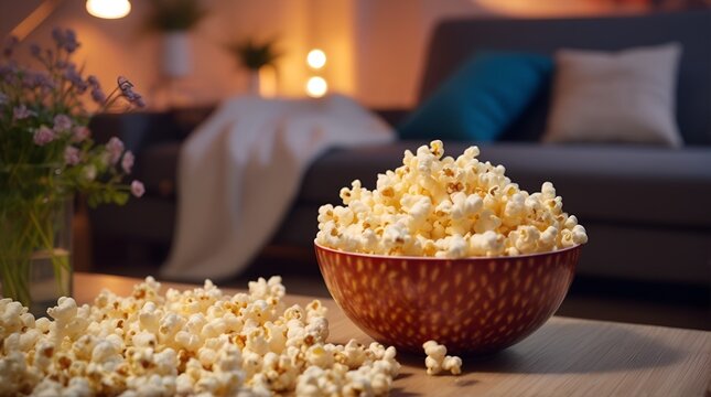 a glass bowl overflows with freshly popped popcorn, while a remote control rests conveniently in front of the TV.