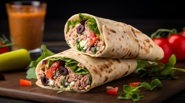 A detailed image of a Mediterranean tuna salad wrap, emphasizing the olives, feta cheese, and tuna.