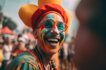 A silly character often seen at festivals and parties, dressed in bright colors and performing slapstick comedy. Generative AI - obrazy, fototapety, plakaty