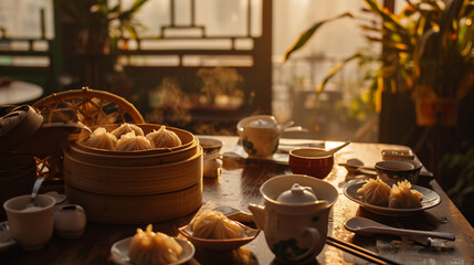 Baked dim sum dumping set on the table and restaurant background with warm light. Created using generative AI.
