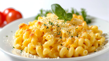 Front view fragrant mac and cheese with white background and spotlight for advertise and presentation. Created using generative AI. - obrazy, fototapety, plakaty