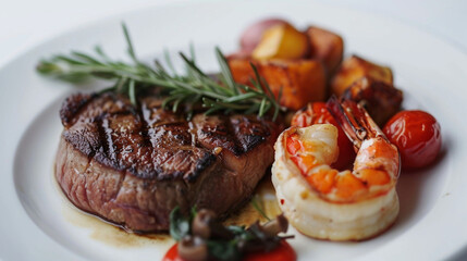 Front view fresh surf and turf with clear white background and spotlight for product presentation. Created using generative AI.