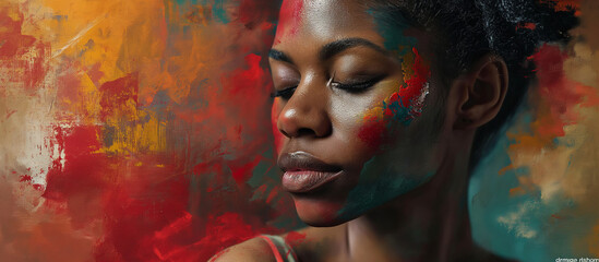 An abstract portrait of a black female with red, green, and yellow colors symbolizing Black History Month and African heritage.