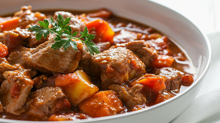 Front view close up fresh pork stew with white background and warm light for product presentation. Created using generative AI.