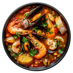 Bouillabaisse, top view, black bowl, transparent background, isolated image, generative AI