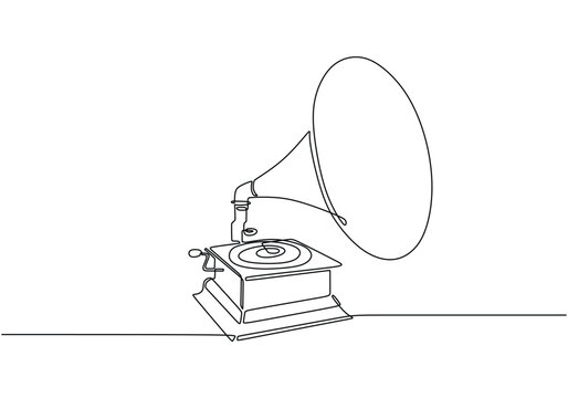 One continuous line drawing. Old retro analog gramophone. Antique vintage music player