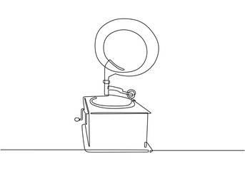 One continuous line drawing. Old retro analog gramophone. Antique vintage music player