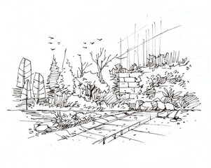 illustration of garden pen drawing for card decoration illustration
