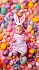 Fototapeta na wymiar 16:9 or 9:16 Photo of a cute baby wearing a bunny costume is happily playing with Easter eggs.for backgrounds screens greeting card or other High quality printing projects.